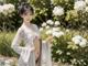 A woman in a white kimono standing in front of white flowers.